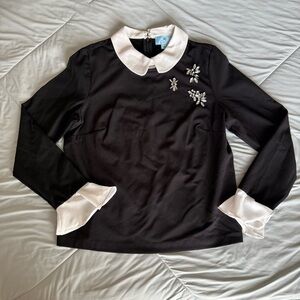 CeCe Black and White Blouse with Embellishments Rhinestone and Ruffle Sleeve